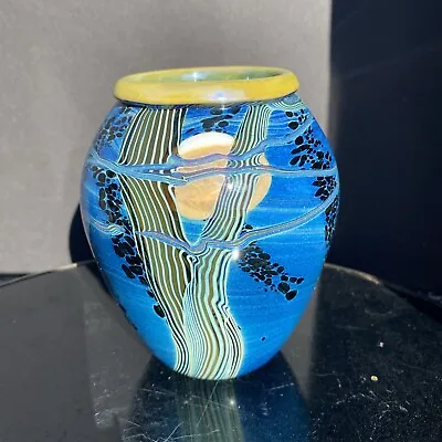 Buy Signed R Satava Art Glass Vase 1986 Blue Harvest Moon Vase 5.25  • 269.75£
