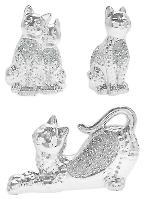 Buy Cats Silver Sparke Diamante Art Cat Ornaments Bling Figurines Ideal Gift • 13.99£