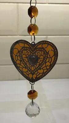 Buy Amber Stained Glass Filigree Heart Decoration Suncatcher With Hanging Crystal • 14.99£