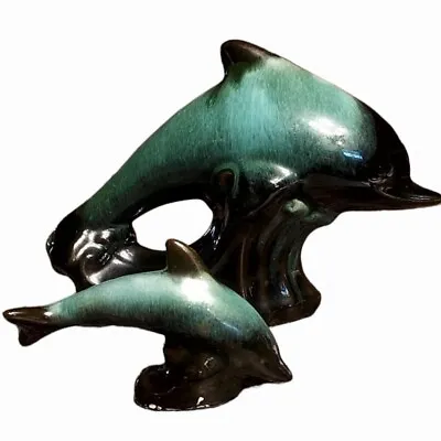 Buy Blue Mountain Pottery Canada Pair Of Dolphin Blue Drip Glaze Redware Figurines • 30.74£