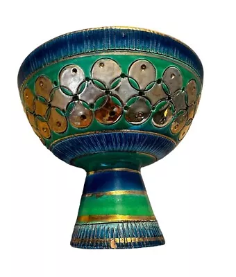 Buy 1960's Aldo Londi Bitossi Rimini Blu Green, Blue Heavy Gold Pedestal Bowl SIGNED • 355.21£