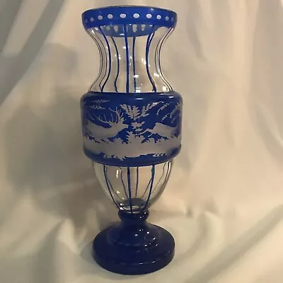 Buy Egermann Bohemian Etched Glass Blue Vase Stag & Doe  11.5” Solid Base • 151.73£