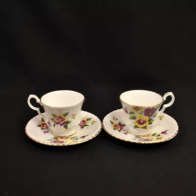 Buy Royal Windsor 2 Cups & Saucer Hammersley Purple & Yellow Pansies 1950-60's WGold • 46.08£