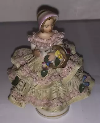 Buy Vintage German Dresden Lace Porcelain Figurine Lady With Basket Flowers, • 45£