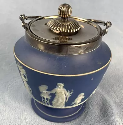 Buy Antique Wedgwood Blue Jasperware Biscuit Jar Silverplate Lid & Handle 7  Tall • 95.09£