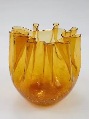 Buy VTG MCM Pilgrim Amber Crackle Glass Pinched Ruffle Rose Bowl Vase Mid Cantury • 33.35£