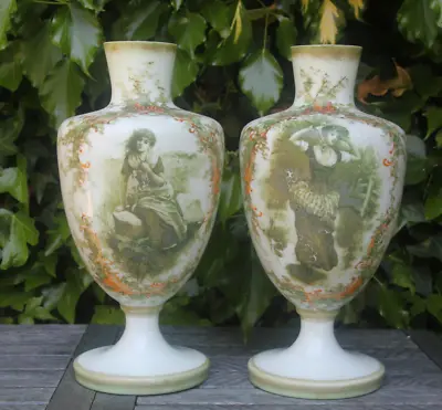 Buy 2 Large 34cm Antique Glass Vase Possibly Rosenthal Printemps Green Lady Mantle • 69.99£
