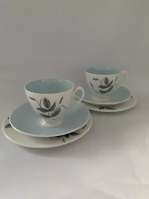 Buy 2 Vintage Queen Anne Harvest Blue Tea Trios Cup Saucer Plate Bone China 50s • 20.99£