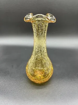 Buy Vintage Amber Gold Yellow Crackle Art Glass Handblown Bud Vase Ruffled Rim 7.25” • 17£