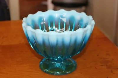 Buy Antique Davidson 1889 Blue Pearline Glass Footed Bowl Dish White Opalescent Rim • 29.99£