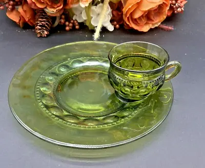 Buy Vintage Green Indiana Glass Kings Crown Thumbprint 10  Snack Plate & Cup Set  • 14.23£