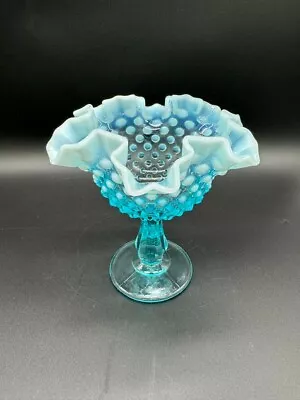 Buy Fenton Blue Hobnail With Opalescent Ruffled Edge Pedestal Candy Dish • 19.92£