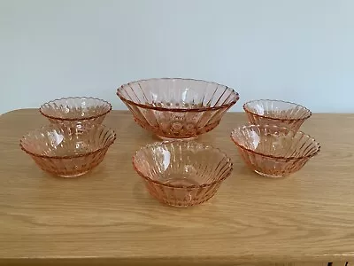 Buy Vintage Rose Coloured Glass Salad / Fruit Trifle Bowl & 5 Small Matching Dishes • 18.99£
