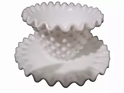 Buy Fenton Milk Glass Hobnail Crimped Edge 2 Pc. Mayo/dessert Bowl & Saucer. • 15.16£