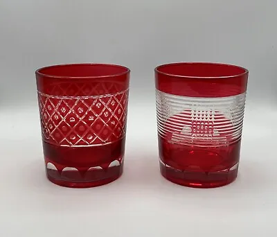 Buy Set Of 2 Vintage Ruby Red Cut To Clear Rocks Glasses Bohemian-2 Patterns • 16.74£