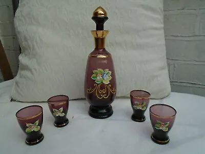 Buy Vintage Bohemian Amethyst Glass Decanter And 4 Shot Glasses Applied Flowers VGC • 16£