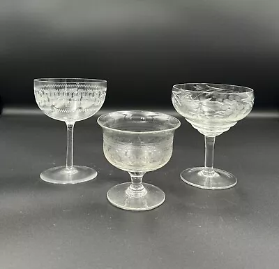 Buy Late 19th C Cut - Etched Glass Champagne Coupes - Dishes - Non Matching • 25£