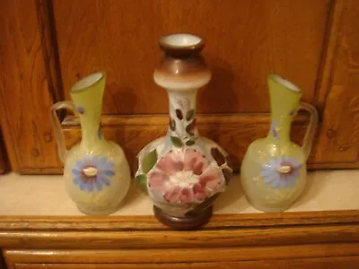 Buy 3 X Antique Victorian Hand Painted Opaline Milk Glass Vases X 3 Coloured • 16£