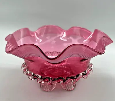 Buy Antique Stevens And Williams Cranberry Glass Bowl - Threaded Frilly Rim - C.1890 • 86£