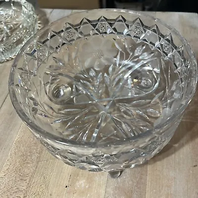 Buy Vintage Crystal Hand Etched Diamond Cut Candy Dish Bowl Etched Rim 3 Footed  • 14.23£
