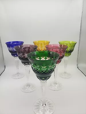 Buy SET 6 BOHEMIAN CZECH CUT TO CLEAR CRYSTAL Wine Glasses GOBLETS Multi Colored 8  • 176.33£