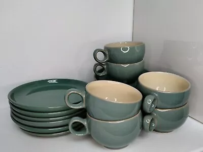 Buy 6 X Trio Vintage Denby Manor Green Tea Cup, Saucer And Plate Set Stoneware 18 Pc • 15£