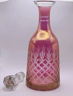 Buy Vintage Bohemian Czech Cranberry Overlay Cut Glass Wine Port Gin Decanter Bottle • 30£