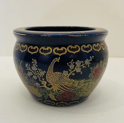 Buy Blue Oriental Pottery Vase Bowl Planter Peacock Floral Design VGC N2 • 15.42£
