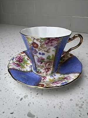 Buy Adderley Fine Bone China Teacup & Saucer Gold Trim Blue Floral Rose England • 32.35£