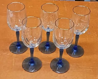 Buy 5 Libbey  Crystal Blue  Optic Drape 8  Water Goblets Wine Glasses Gold Trim • 24.02£