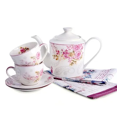 Buy English Rose Bone China Tea Set Of 5 For 2 Persons + Free Towel • 52.77£