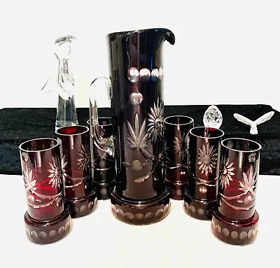 Buy Crystal Bohemian Glass, Ruby Red Cut PITCHER & 6 Glasses, Art Nouveau/Deco Style • 113.80£