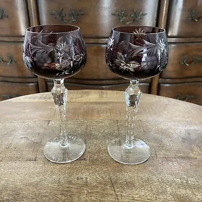 Buy 2 Vtg Ajka Amethyst Hock Wine Glasses 7.75” Cut To Clear Bohemian Czech Glass • 132.99£