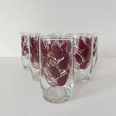 Buy Vintage Drinking Glasses Tumblers Leaf Pattern Red Purple Retro 50s 60s Set Of 6 • 24.95£