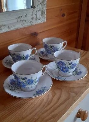 Buy Royal Vale 4 Tea Cups And Saucers In Cornflower Blue Floral Design. • 18£