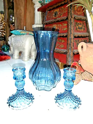 Buy Set Of  Three  Blue Coloured Glass Candle Holders With Matching Vase • 17.99£