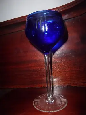 Buy Bohemian Cut Crystal Glass Solid Cobalt Blue Bowl Wine Hock Glass Faceted Stem. • 20£