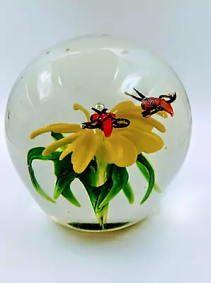 Buy Vintage Art Glass Paperweight Control Bubble 2 Bugs Yellow Flower 10” Circumfer • 14.46£