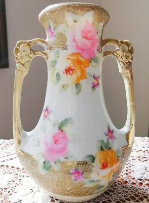 Buy Old Noritake Rose Hand Painted Vase W Handle Antique Moriage NIPPON Maple Leaf • 214.98£
