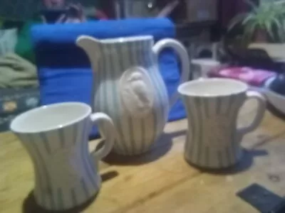Buy KSP KEELE STREET POTTERY VINTAGE JUG BLUE AND WHITE STRIPED  And 2 CUPs • 14.99£