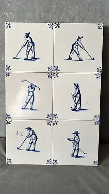 Buy Antique Dutch Delft Blue Golf Tiles Set Of Six • 39.99£