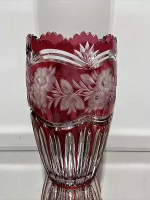 Buy VTG. Bohemian Crystal Cranberry Red Cut To Clear Rose Art Glass Vase • 519.75£