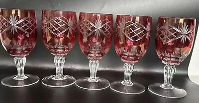 Buy 5 Mosel Bohemian Czech.  Cranberry Red  Cut To Clear Crystal  Cordial Wine Stem • 95.89£