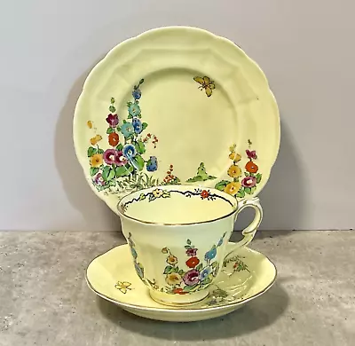 Buy Vintage Tea Trio Cup Saucer Side Plate - Crown Staffordshire Hollyhocks Art Deco • 28.80£