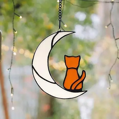 Buy Stained Glass Window Hanging Panel Cat On The Moon For Home Decoration • 7.78£