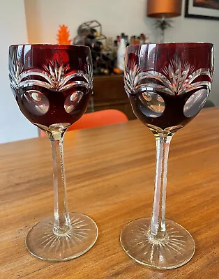 Buy Pair Of Antique C1880 Bohemian Ruby Flashed Cut Hock Glasses 21cm High • 29.99£