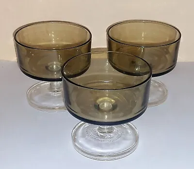 Buy Set Of 3 Retro Vintage Brown Smokey Glass Clear Stem Dessert Bowls • 9£