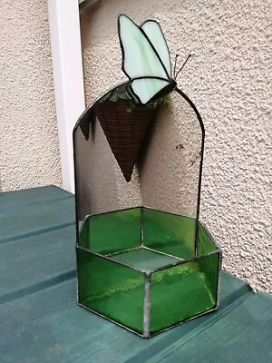 Buy Vintage Stained Glass Wall Hanging With Vase/Candle Holder - Mirrored Butterfly • 35£
