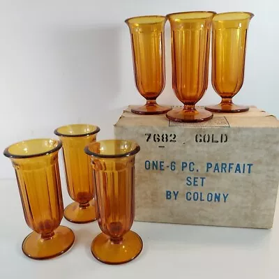 Buy VTG Amber Glass Indiana Glass Parfait Dessert Cups  Gold Set Of 6 W/Box New  • 56.51£