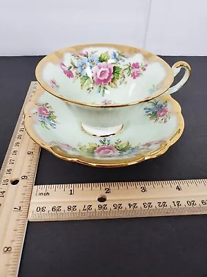 Buy EB Foley 1850 Bone China Cup & Saucer Pale Green W/Flowers & Gold Wide Rim EUC • 44.18£